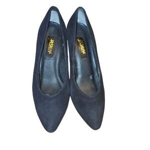 Vintage 90s Jasmin Womens5 Black Faux Suede Pointed Toe Pumps 2" Kitten Heels